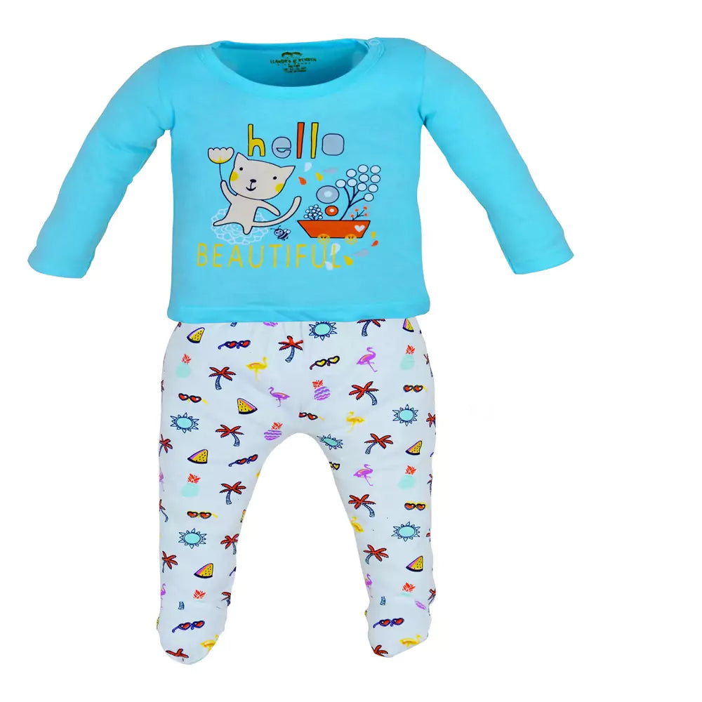 Baby Girl Outfits Infant Light Blue Full Sleeve Round Neck Animal Printed Cotton Top & Bottom Set Dress Pyjama Casual Dress Legging Elastic Waistband Legging 2Pcs Summer Cotton Clothes Set Toddler Clothes