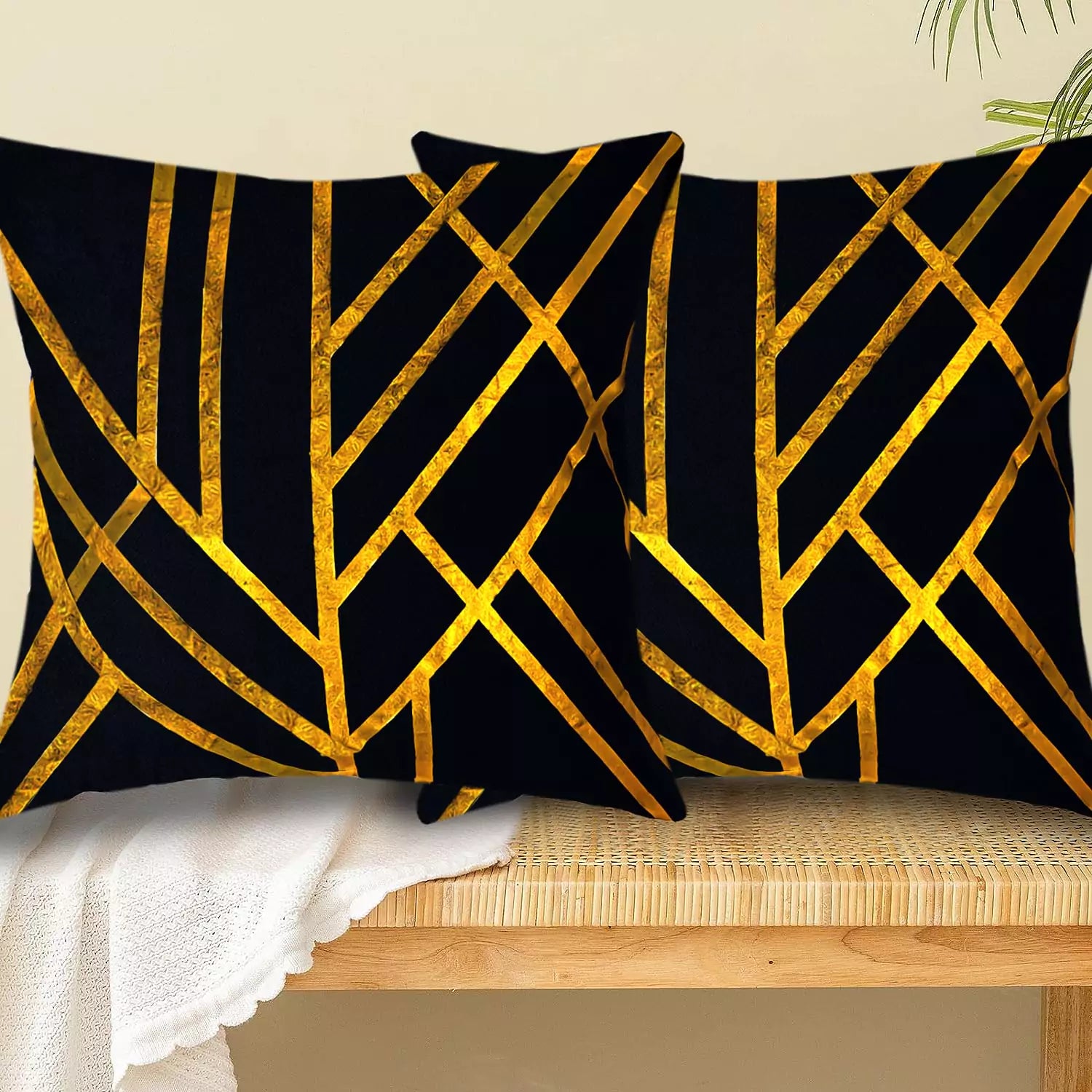 Luxury Black & Gold Geometric Stripped Pattern Printed Pillow Cover -16x 16 Inch Black Gold Velvet Cushion Cover - Set Of 4 Square Hidden Zipper Cushion Case Great for Sofa Bedroom Yard Living Room Decor