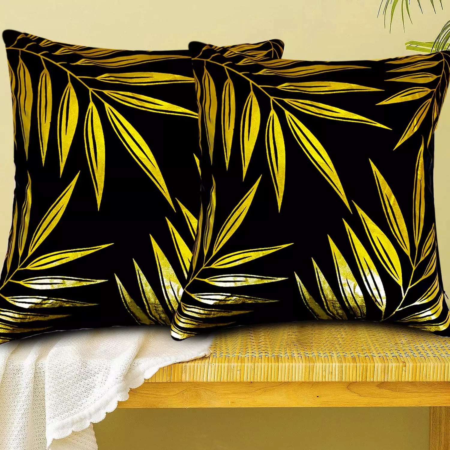 Luxury Black Gold Tropical Leaves Printed Pillow Cover -16x 16 Inch Black Gold Velvet Cushion Cover - Set Of 4 Square Hidden Zipper Cushion Case Great for SofaBedroom Yard Living Room Decor(Black & Gold)