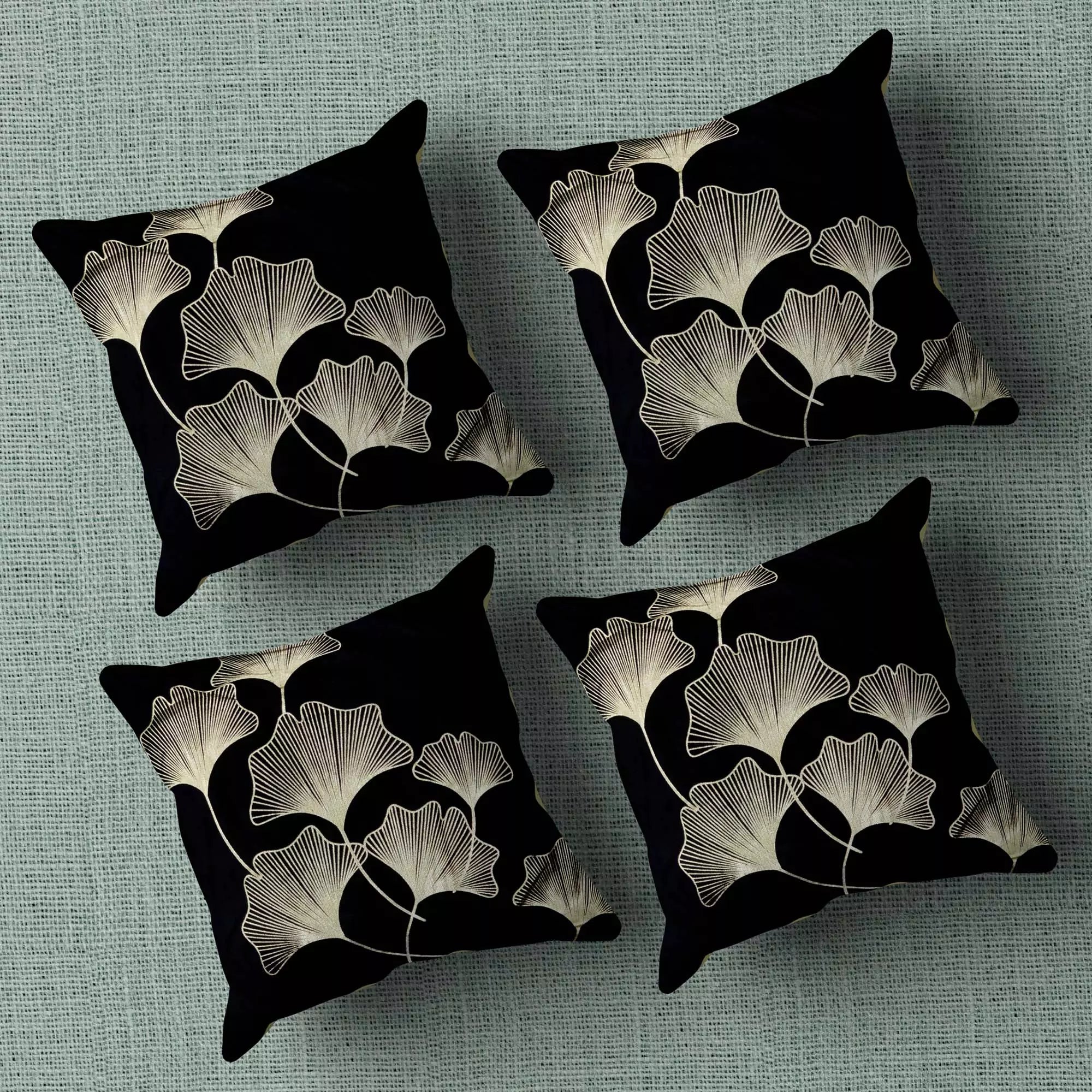 Black Gold Tropical Turquoise Ginkgo Leaves Throw Pillow Cover -16x 16 Inch Velvet Plant Leaves Cushion Cover -Set Of 4 Square Hidden Zipper Cushion Case, Great for Sofa,Bedroom,Yard,Living Room Decor(Black & Gold_Leaves)