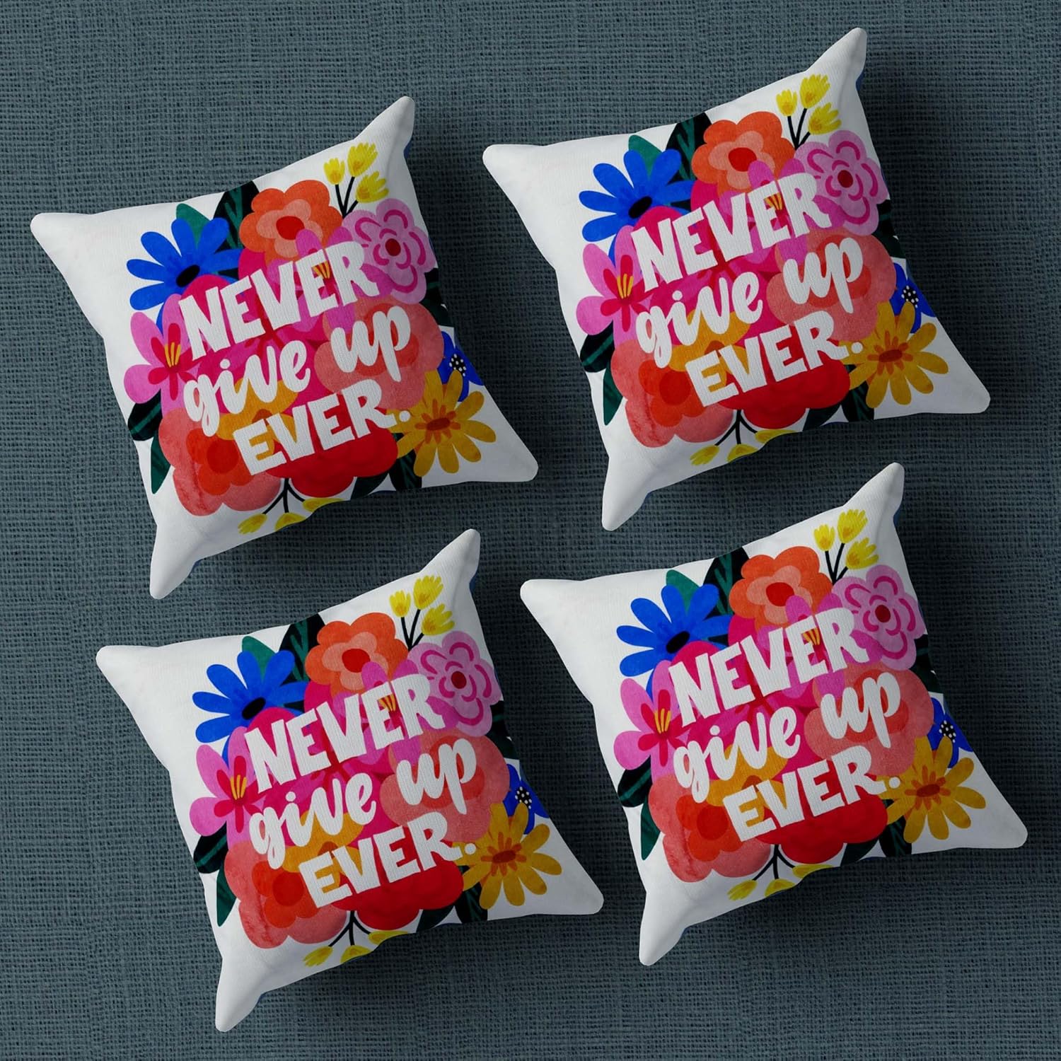Never Give Up Motivational Quotes Cotton Cushion Cover_16x16 Inch_Pack Of 4