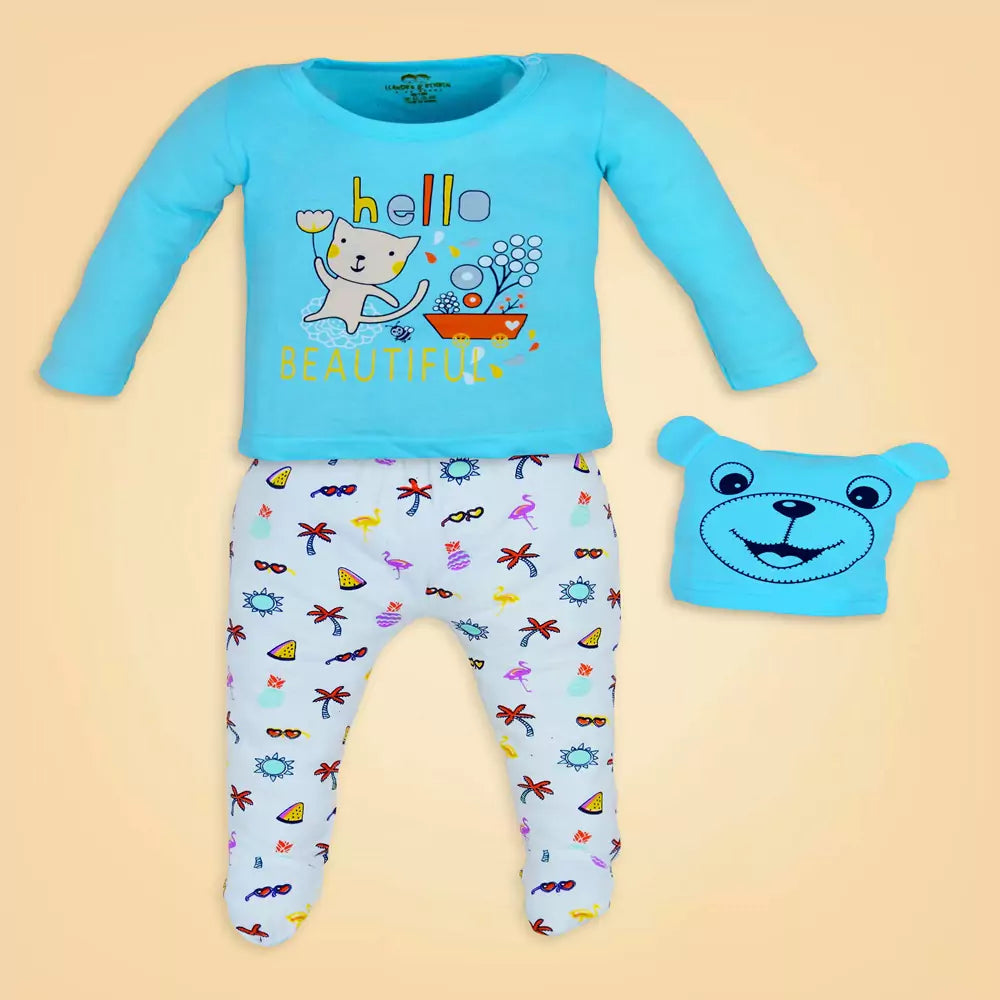 Baby Girl Outfits Infant Light Blue Full Sleeve Round Neck Animal Printed Cotton Top & Bottom Set Dress Pyjama Casual Dress Legging Elastic Waistband Legging 2Pcs Summer Cotton Clothes Set Toddler Clothes