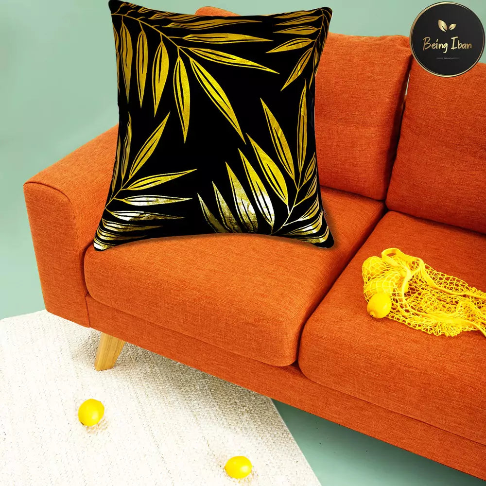 Luxury Black Gold Tropical Leaves Printed Pillow Cover -16x 16 Inch Black Gold Velvet Cushion Cover - Set Of 4 Square Hidden Zipper Cushion Case Great for SofaBedroom Yard Living Room Decor(Black & Gold)
