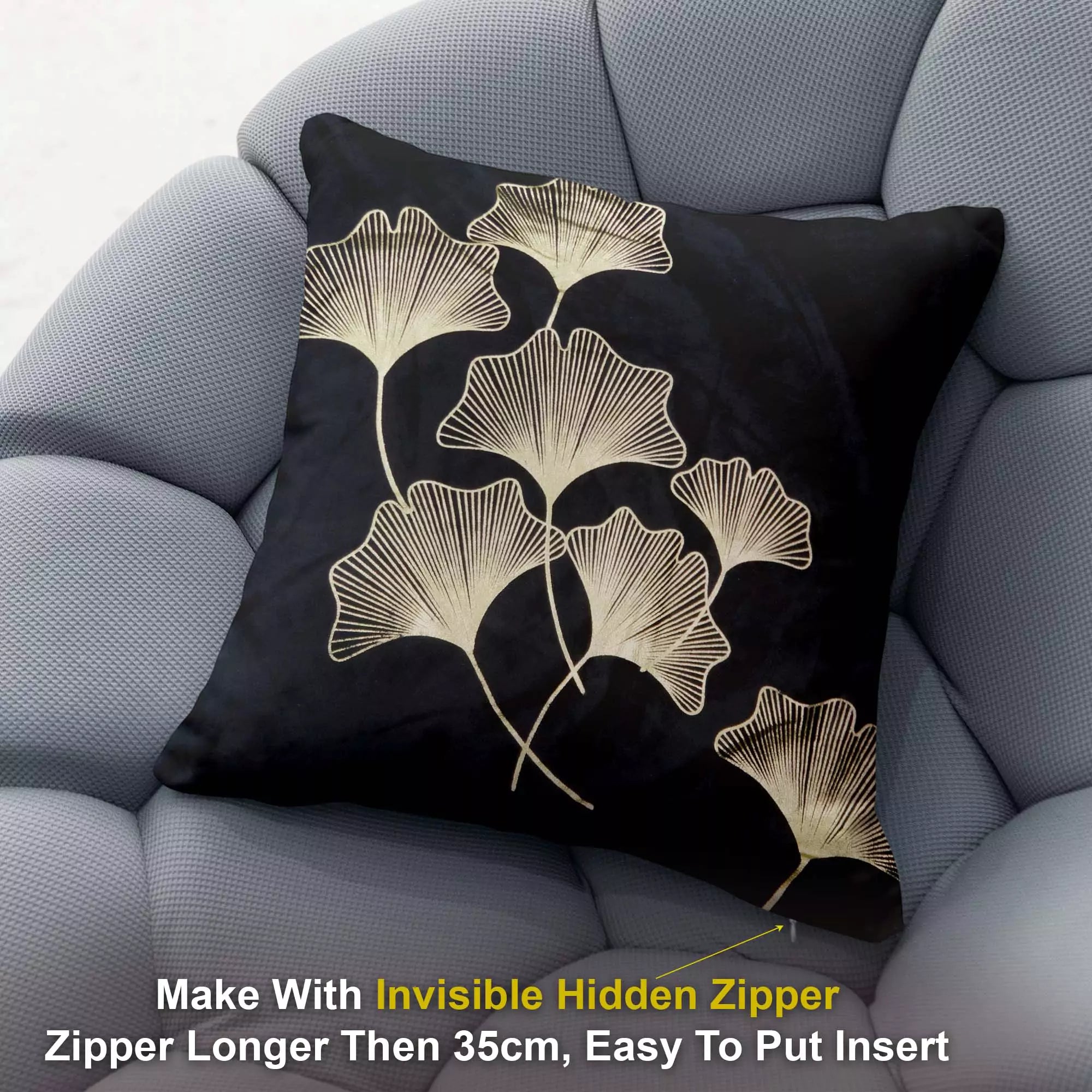 Black Gold Tropical Turquoise Ginkgo Leaves Throw Pillow Cover -16x 16 Inch Velvet Plant Leaves Cushion Cover -Set Of 4 Square Hidden Zipper Cushion Case, Great for Sofa,Bedroom,Yard,Living Room Decor(Black & Gold_Leaves)