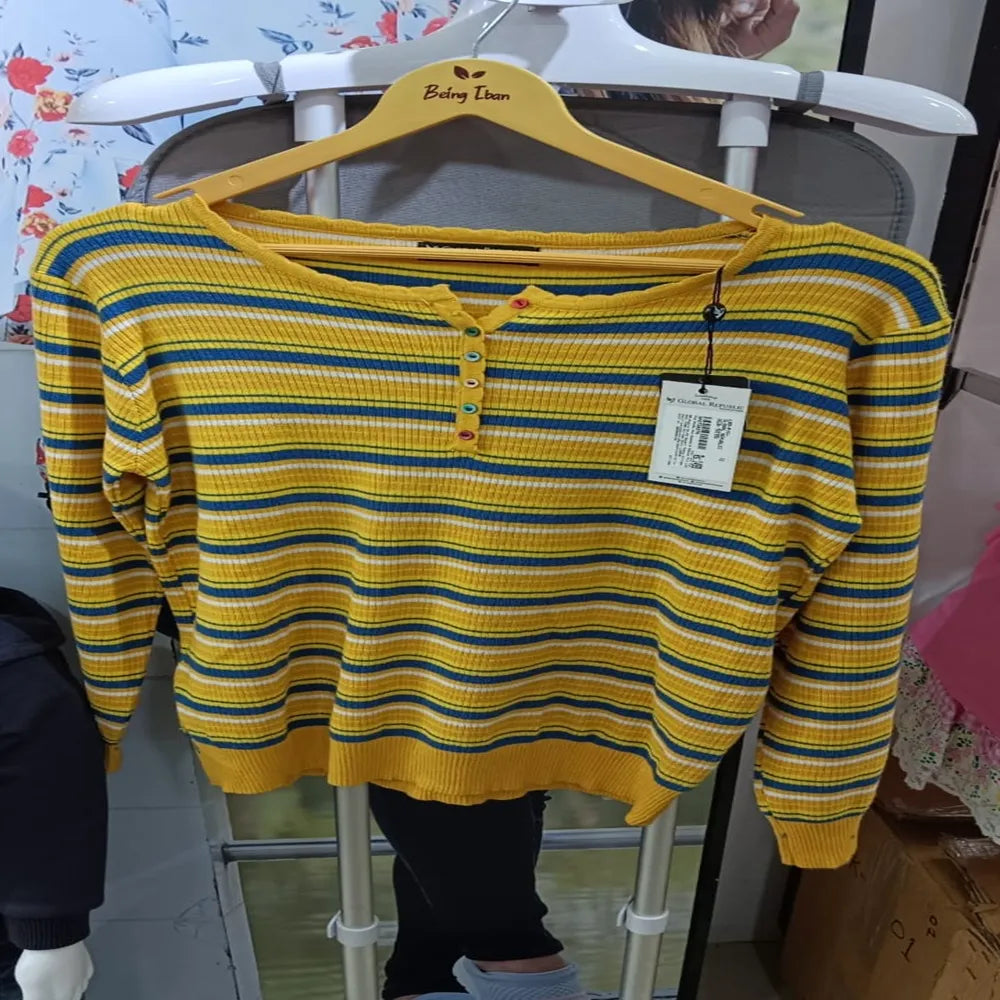 Women Mustard Round Neck Striped Regular Fit Pullover