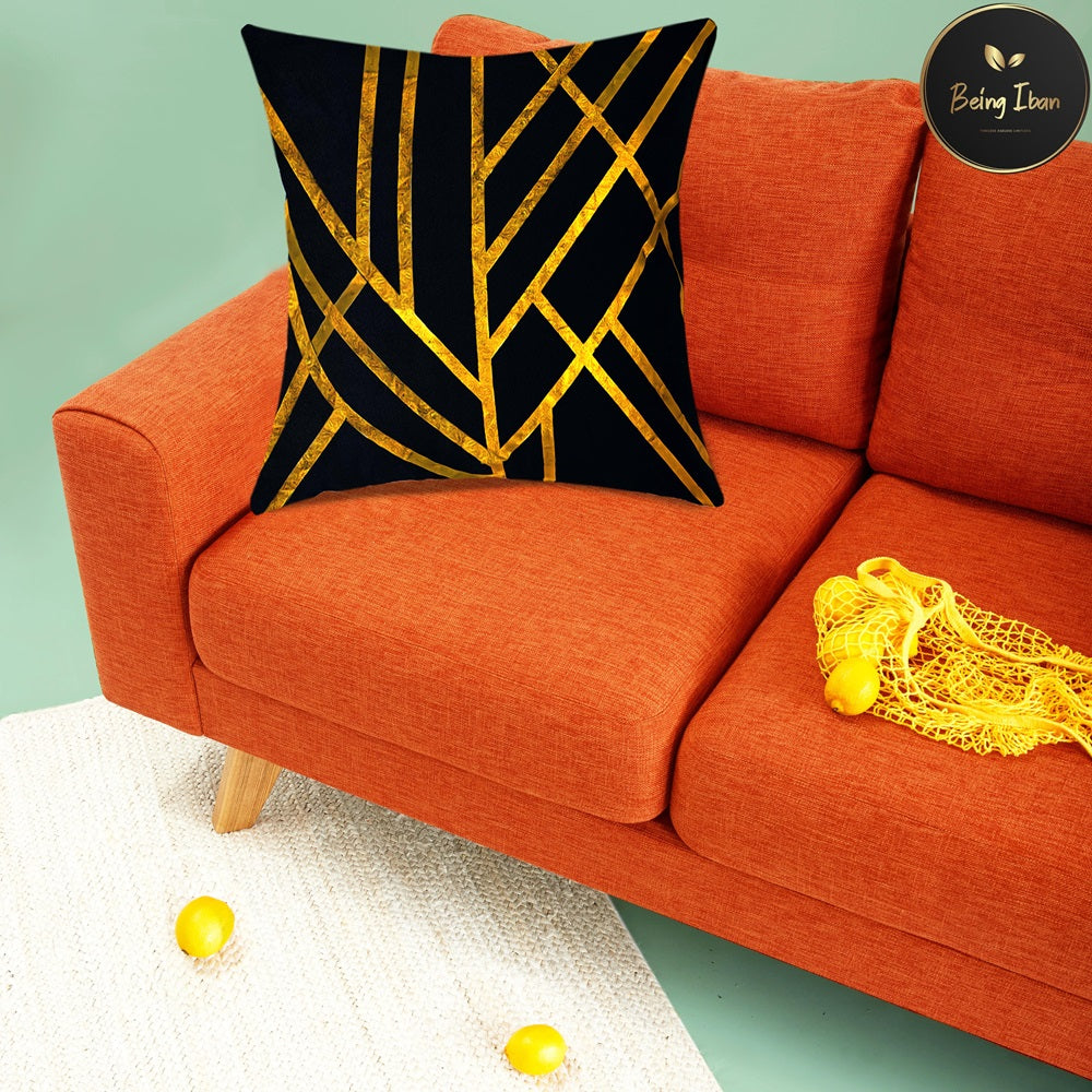 Luxury Black & Gold Geometric Stripped Pattern Printed Pillow Cover -16x 16 Inch Black Gold Velvet Cushion Cover - Set Of 4 Square Hidden Zipper Cushion Case Great for Sofa Bedroom Yard Living Room Decor