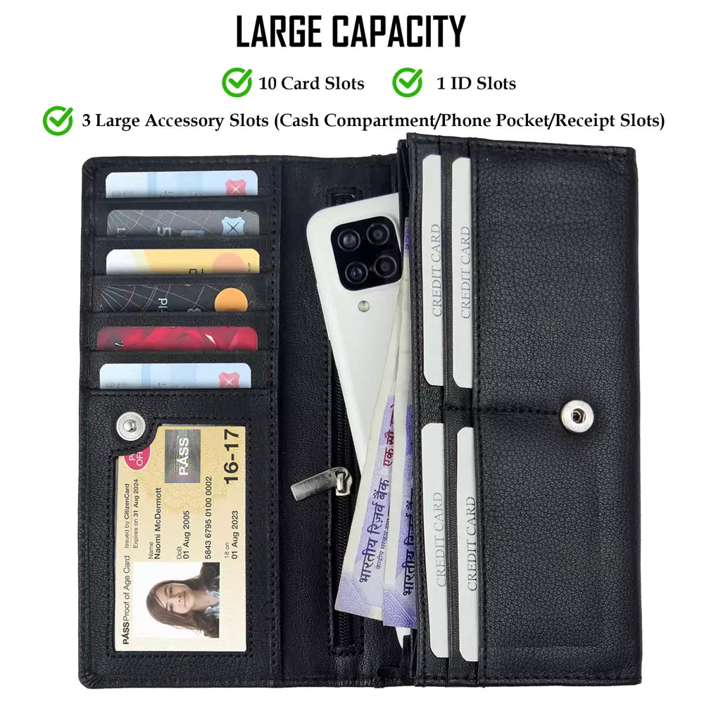 Women Handbag Stylish Women Convertible Clutch Purse Wallet RFID Blocking Trifold Card Holder Ladies Clutch With ID Window (BLACK)