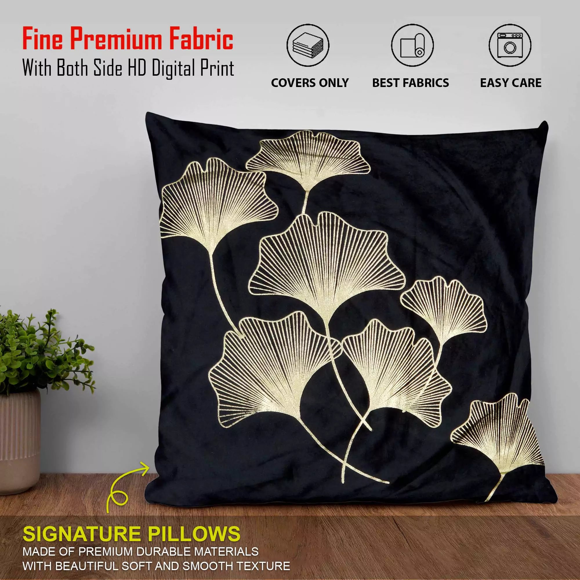 Black Gold Tropical Turquoise Ginkgo Leaves Throw Pillow Cover -16x 16 Inch Velvet Plant Leaves Cushion Cover -Set Of 4 Square Hidden Zipper Cushion Case, Great for Sofa,Bedroom,Yard,Living Room Decor(Black & Gold_Leaves)