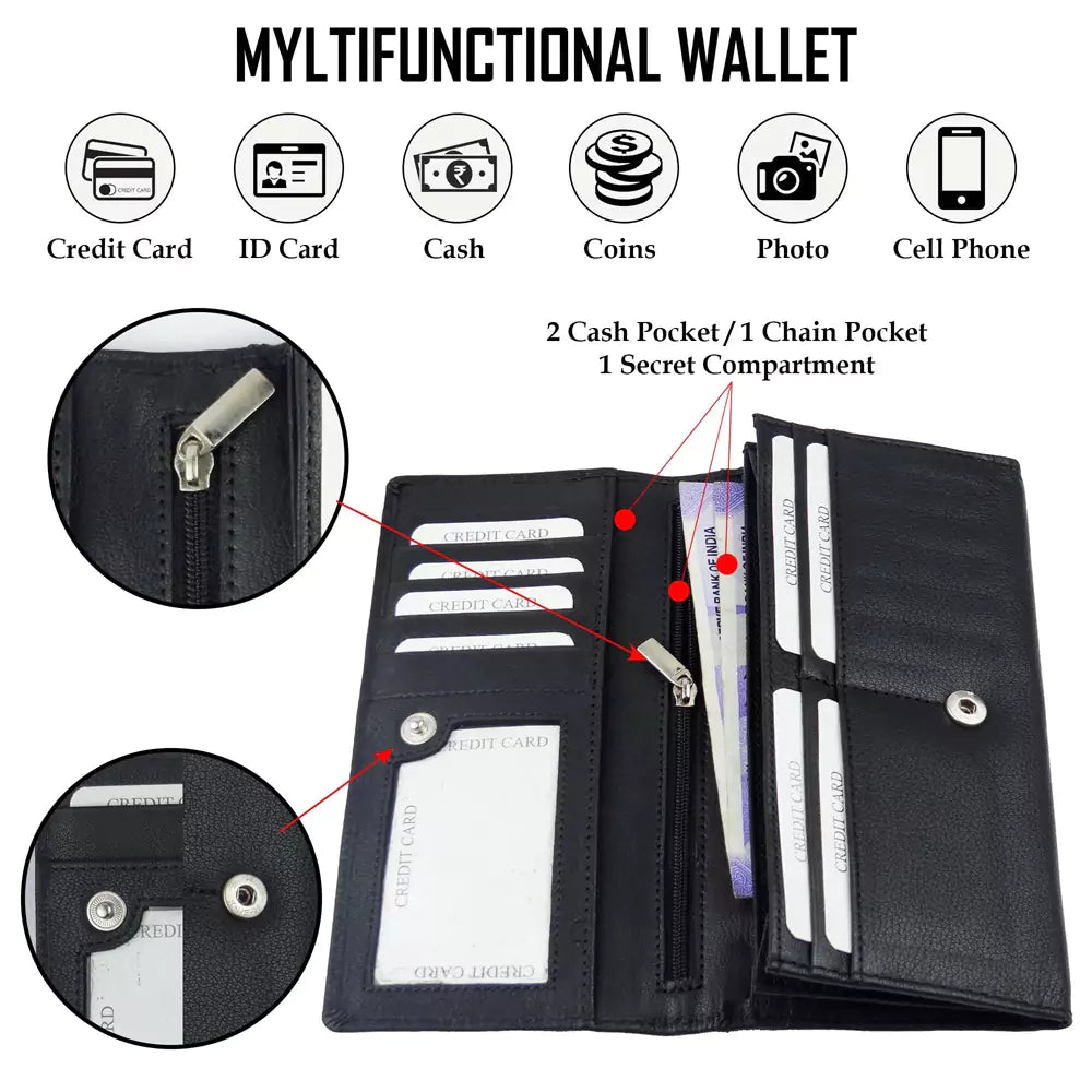 Women Handbag Stylish Women Convertible Clutch Purse Wallet RFID Blocking Trifold Card Holder Ladies Clutch With ID Window (BLACK)