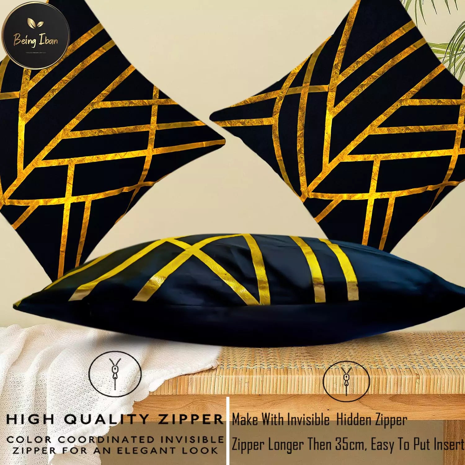 Luxury Black & Gold Geometric Stripped Pattern Printed Pillow Cover -16x 16 Inch Black Gold Velvet Cushion Cover - Set Of 4 Square Hidden Zipper Cushion Case Great for Sofa Bedroom Yard Living Room Decor