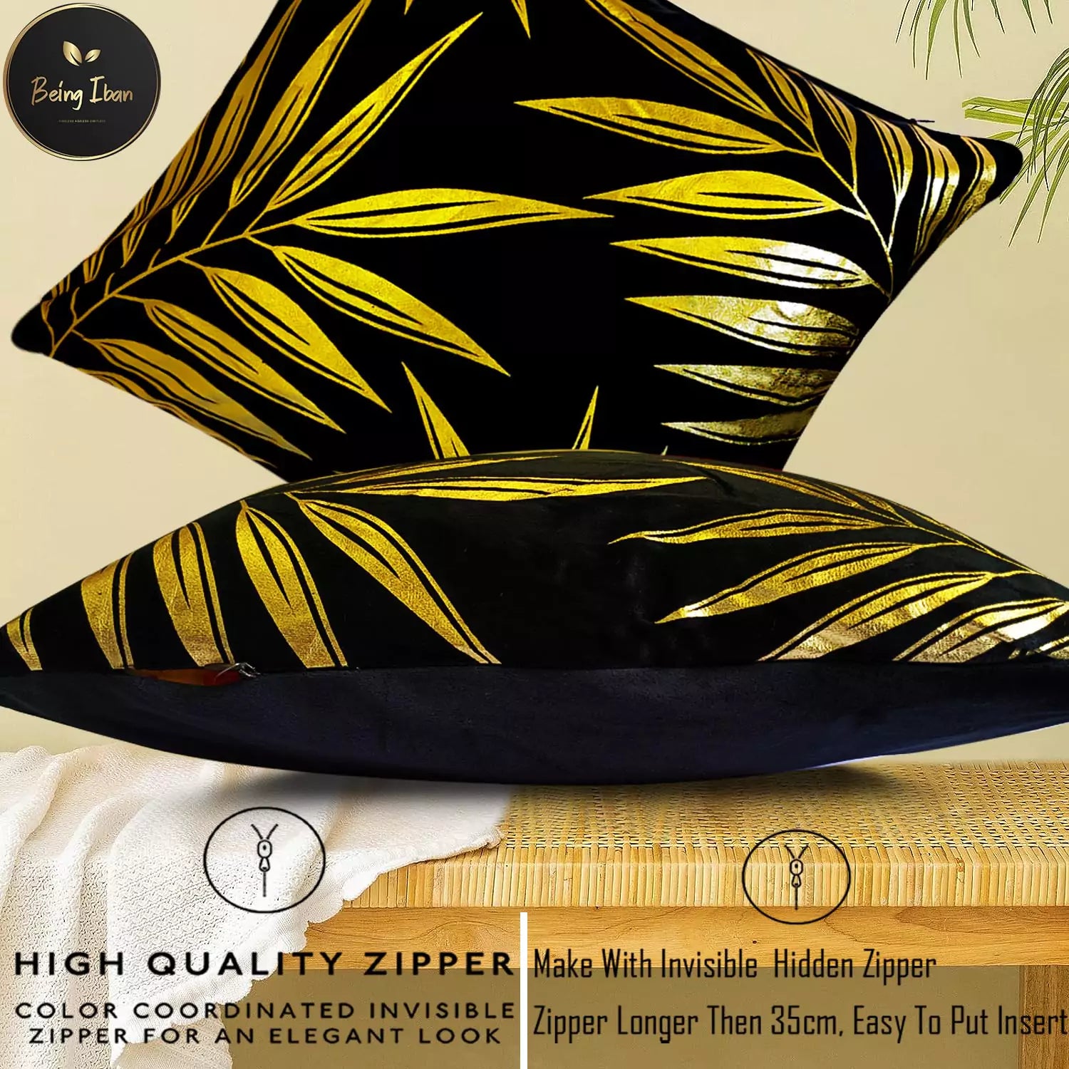 Luxury Black Gold Tropical Leaves Printed Pillow Cover -16x 16 Inch Black Gold Velvet Cushion Cover - Set Of 4 Square Hidden Zipper Cushion Case Great for SofaBedroom Yard Living Room Decor(Black & Gold)