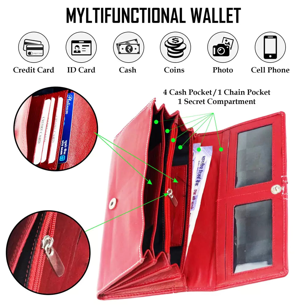 Women Handbag Stylish Women Convertible Clutch Purse Wallet RFID Blocking Trifold Card Holder Ladies Clutch With ID Window (Crimson)