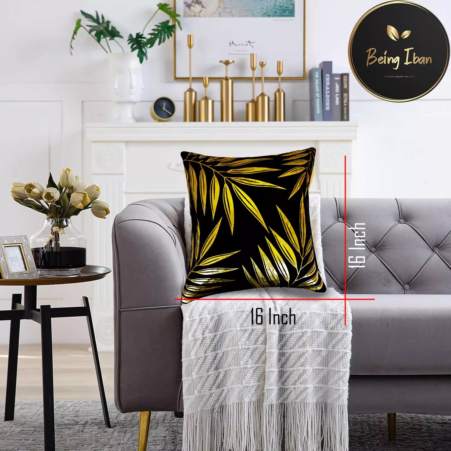 Luxury Black Gold Tropical Leaves Printed Pillow Cover -16x 16 Inch Black Gold Velvet Cushion Cover - Set Of 4 Square Hidden Zipper Cushion Case Great for SofaBedroom Yard Living Room Decor(Black & Gold)