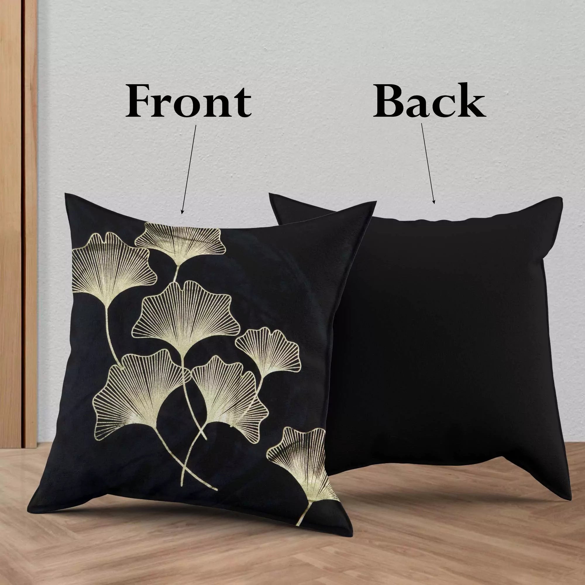 Black Gold Tropical Turquoise Ginkgo Leaves Throw Pillow Cover -16x 16 Inch Velvet Plant Leaves Cushion Cover -Set Of 4 Square Hidden Zipper Cushion Case, Great for Sofa,Bedroom,Yard,Living Room Decor(Black & Gold_Leaves)