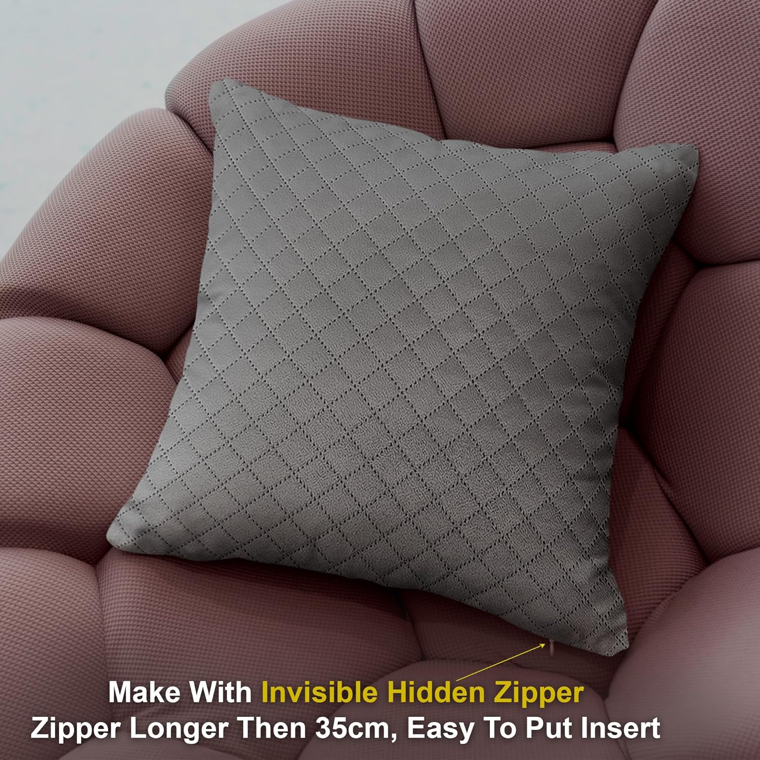 Dark Grey Quilted Pattern Throw/Pillow Cover-16x 16 Inch Velvet Cushion Cover - Set Of 4 Square Hidden Zipper Cushion Case,Pillow Covers for Living Room Great for Sofa, Bedroom,Yard, Living Room Decor