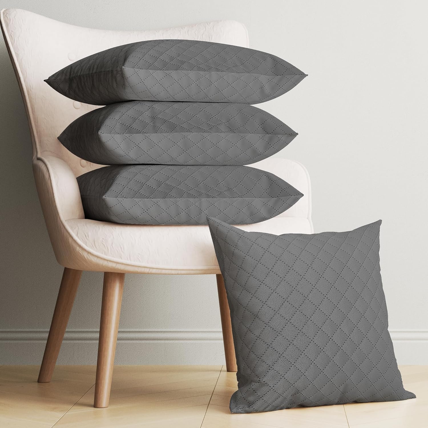 Dark Grey Quilted Pattern Throw/Pillow Cover-16x 16 Inch Velvet Cushion Cover - Set Of 4 Square Hidden Zipper Cushion Case,Pillow Covers for Living Room Great for Sofa, Bedroom,Yard, Living Room Decor