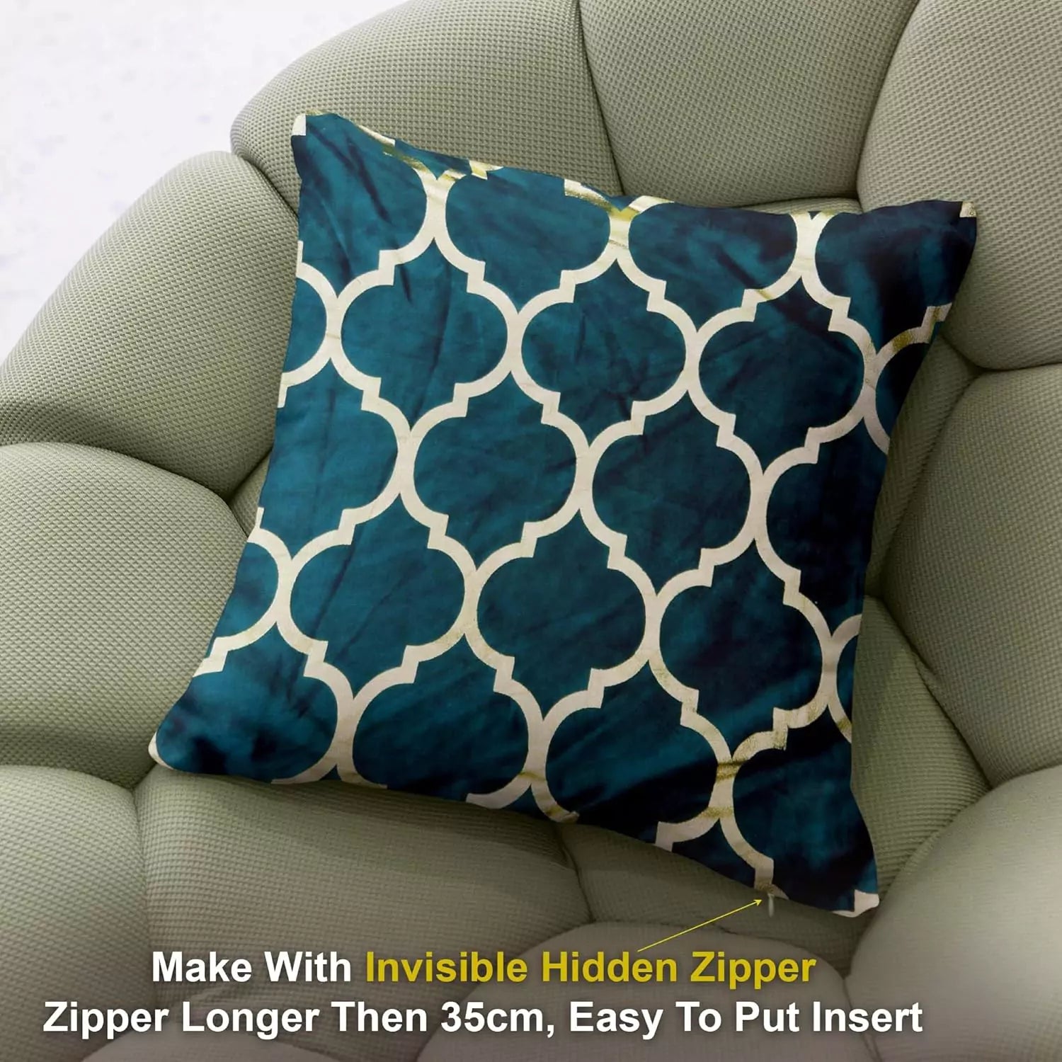 Luxury Emerald Green Geometric Stripped Pattern Printed Pillow Cover -16x 16 Inch Velvet Cushion Cover - Set Of 4