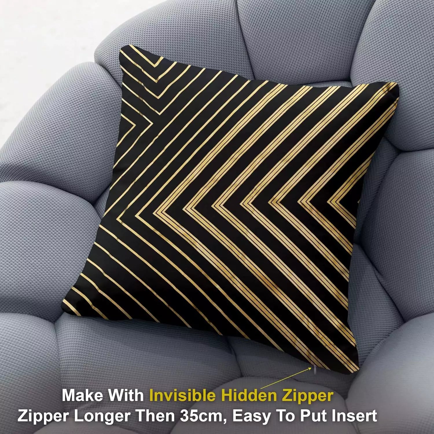 Luxury Black & Gold Geometric Stripped Pattern Printed Pillow Cover -16x 16 Inch Black Gold Velvet Cushion Cover - Set Of 4 Square Hidden Zipper Cushion Case, Great for Sofa, Bedroom,Yard,Living Room Decoress