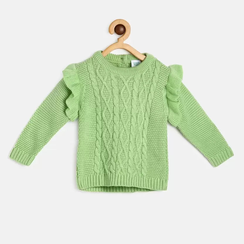MINI KLUB Baby Girls Self Design Round Neck Green Sweater