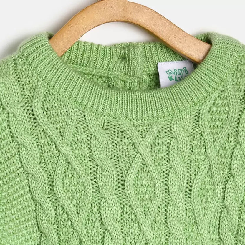 MINI KLUB Baby Girls Self Design Round Neck Green Sweater