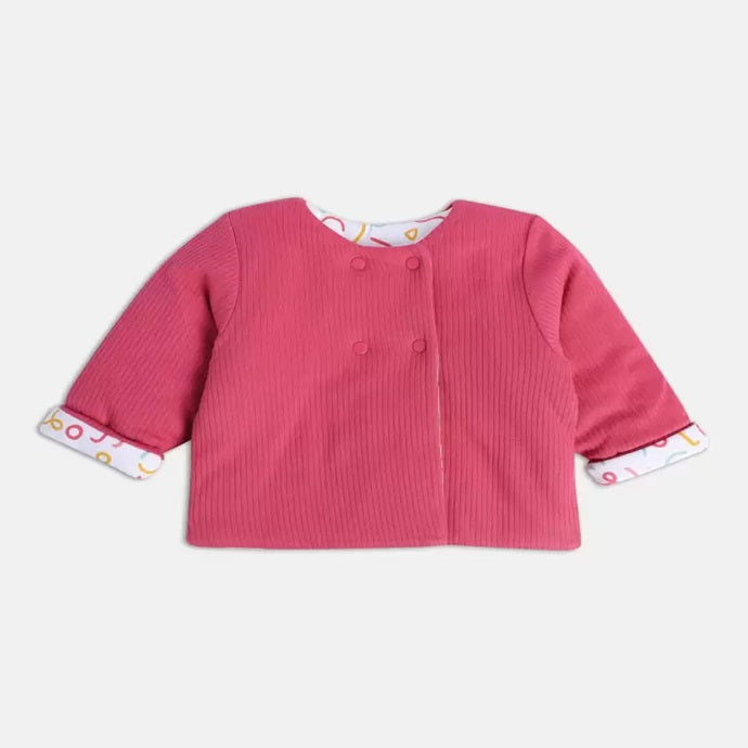 Red Print Casual Full Sleeves Round Neck Girls Regular Fit Reversible Jacket