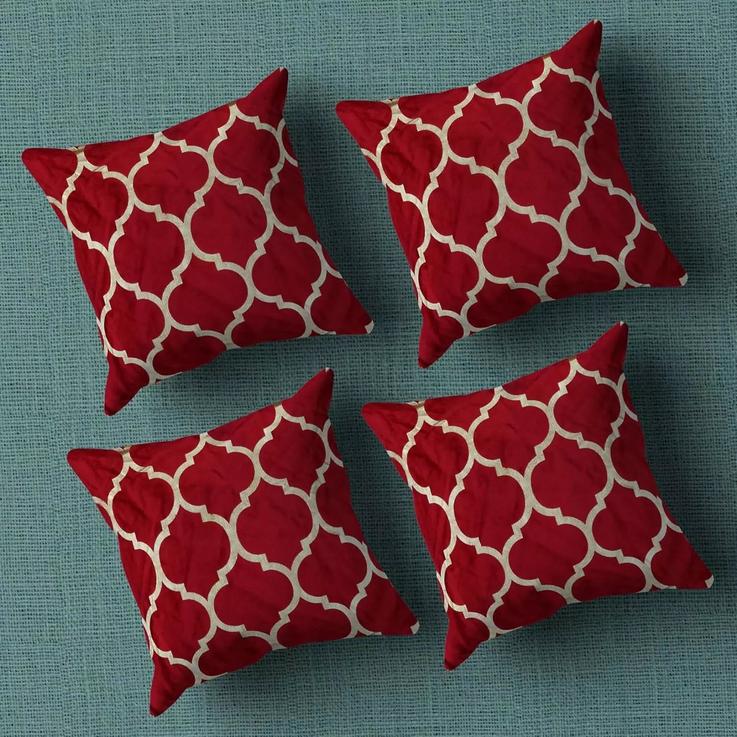 Metallic Copper Foil Moroccan Quatrefoil Tiles Vintage Look Cushion Cover Maroon Pack Of 4 - Being Iban