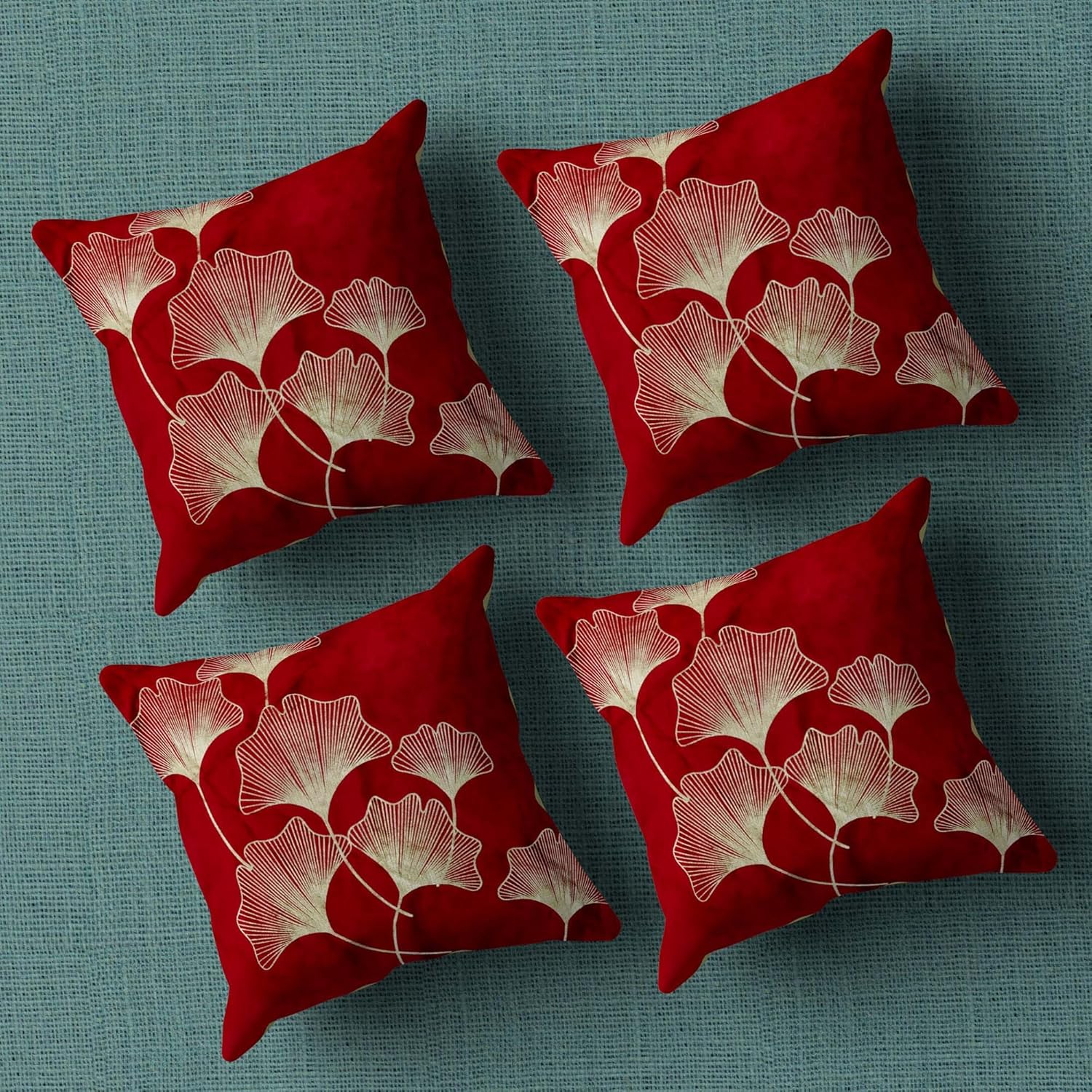 Tropical Turquoise Ginkgo Leaves Throw Pillow Cover -16x 16 Inch Maroon Velvet Plant Leaves Cushion Cover