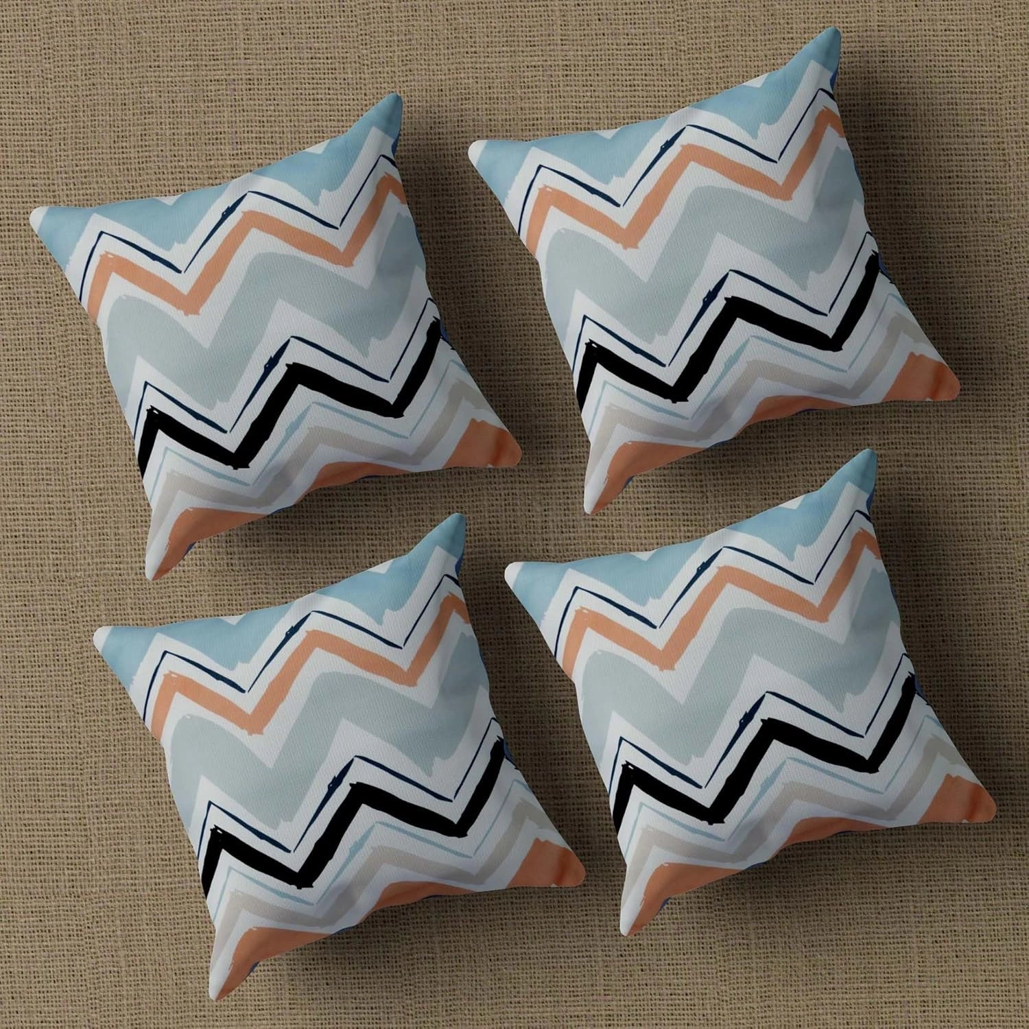 Zig Zag Lines Chevron Stripes Going Up And Down Cotton Cushion Cover_16x16 Inch_Pack Of 4