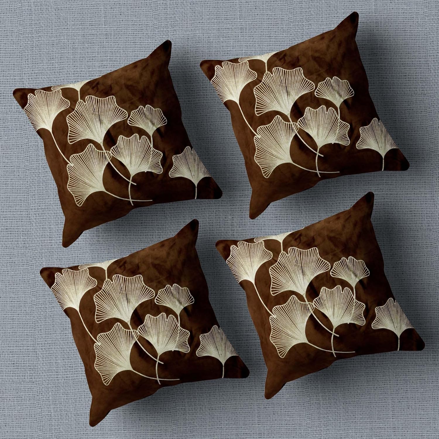 Tropical Turquoise Ginkgo Leaves Throw Pillow Cover -16x 16 Inch Brown Velvet Plant Leaves Cushion