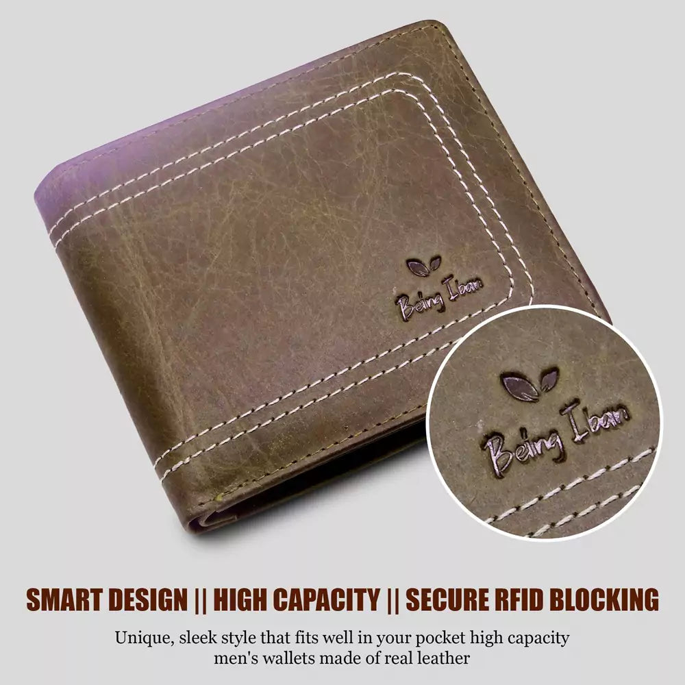 Wallet for Men-Genuine Slim Leather RFID Blocking Bifold Stylish Wallet With 2 ID Window Money Clip Wallet with ID Window Gift Box(DEEP BROWN)
