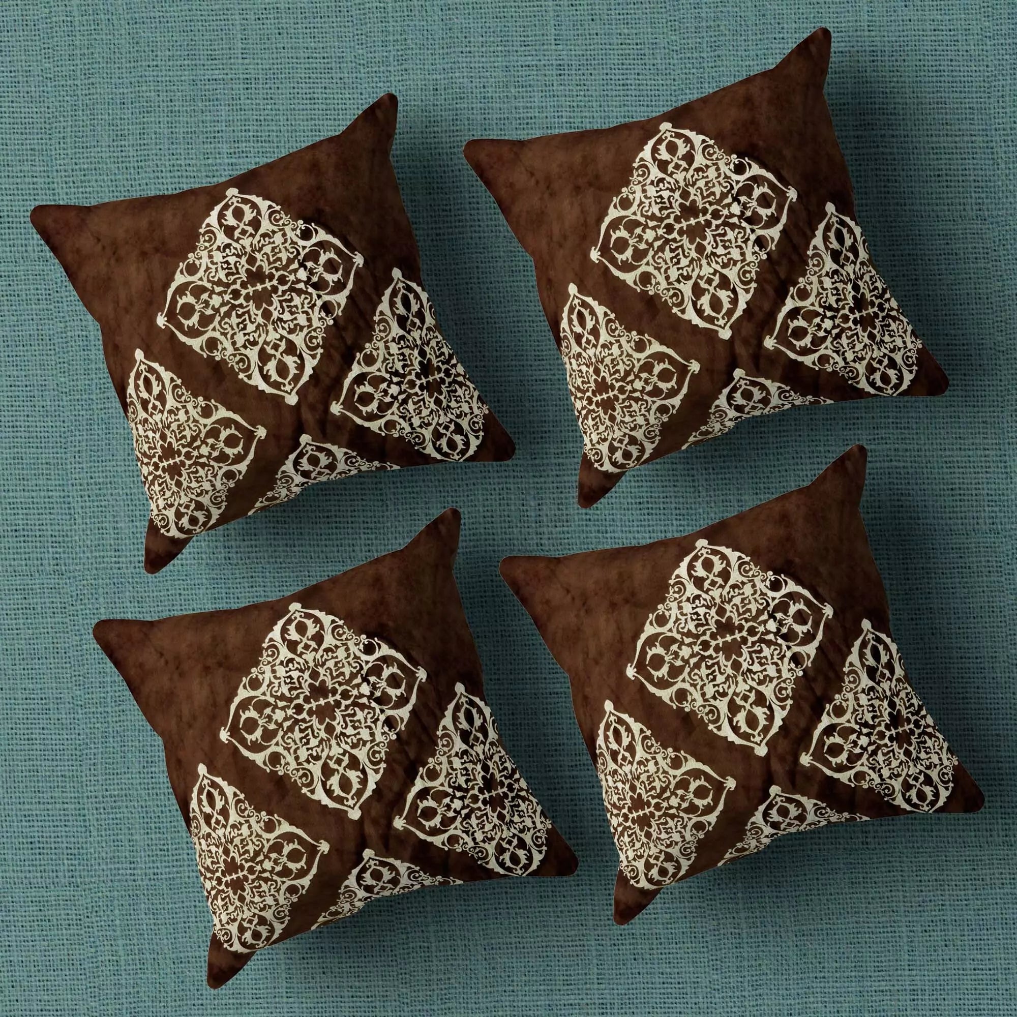 Jacquard Velvet Square Cushion Cover 16x16 inch,Ethnic Motifs Cushion Covers_Brown Gold_Pack Of 4