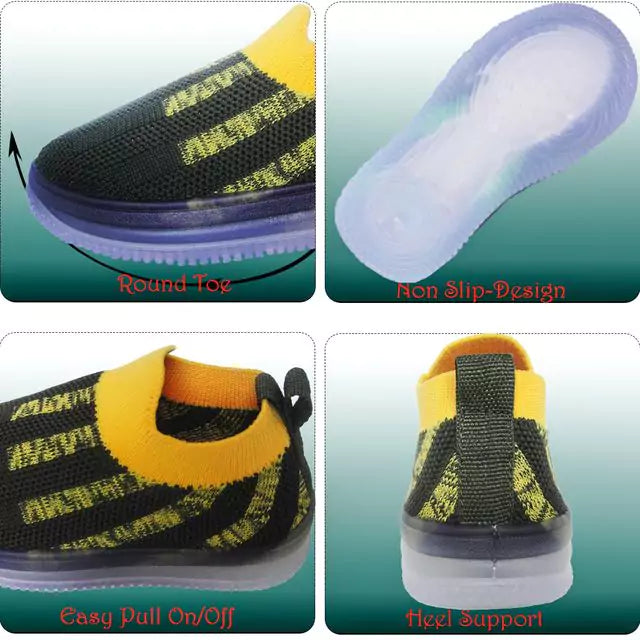 Kids Light Up Pull On Shoes Toddler Girls Boys Breathable Led Flashing Sneakers Running Shoes Slip-on For Boys&Girls (Black/Yellow)