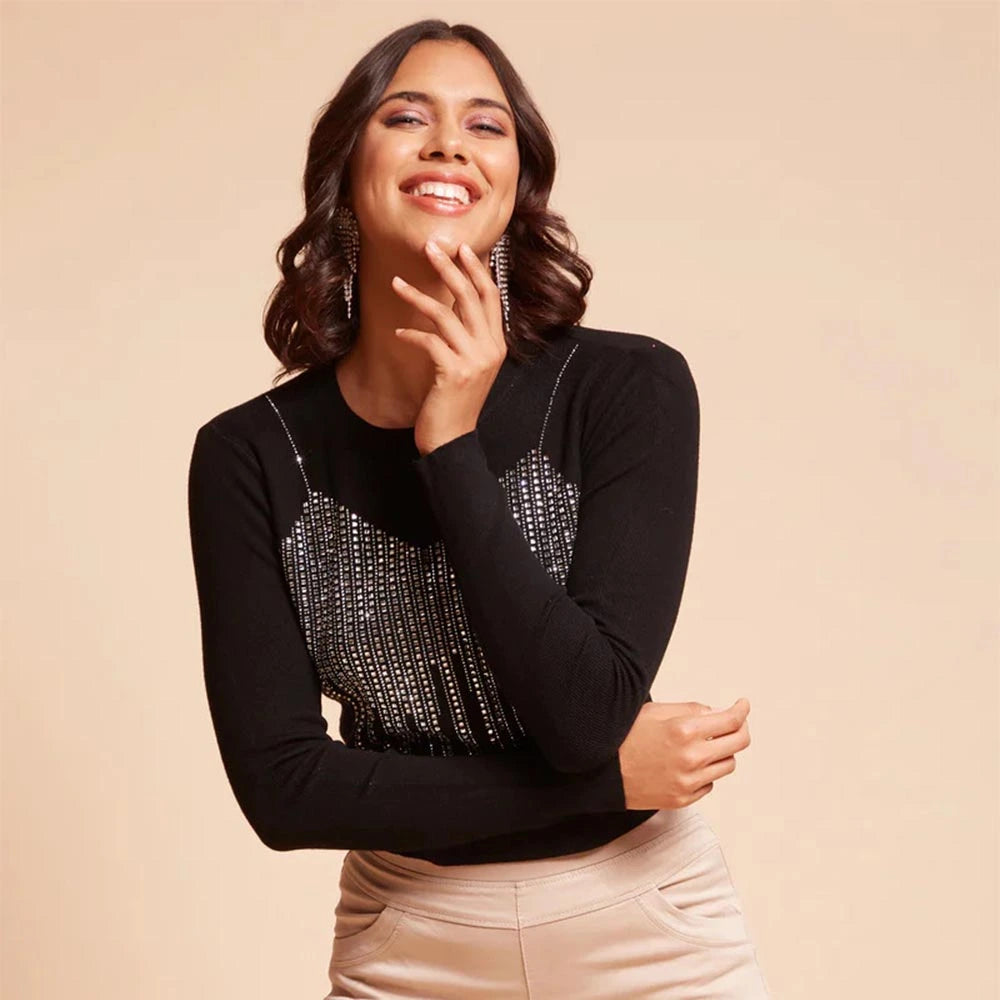 Women Mustard Round Neck Striped Regular Fit Pullover (black)