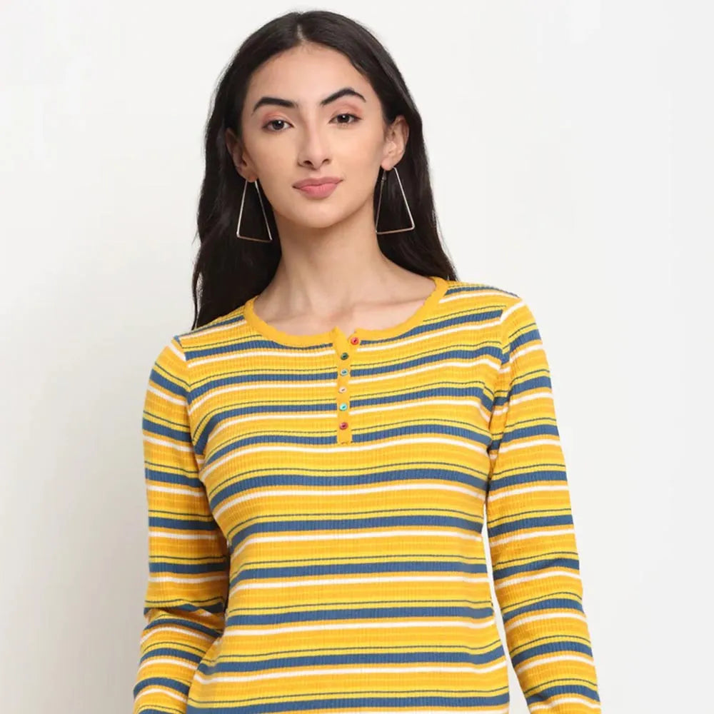 Women Mustard Round Neck Striped Regular Fit Pullover