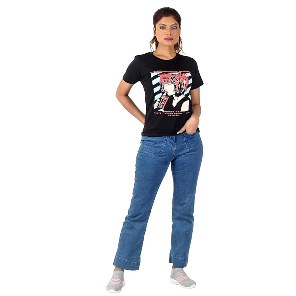 Women's Short Sleeve Casual Tee T-shirt Summer Casual Crewneck Half Sleeve Tees Cute Print Tunic Tops_Black