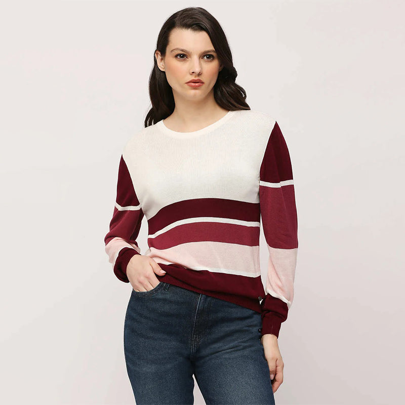 Burgundy Striped Pullover Full Sleeves Knit Top Sweater