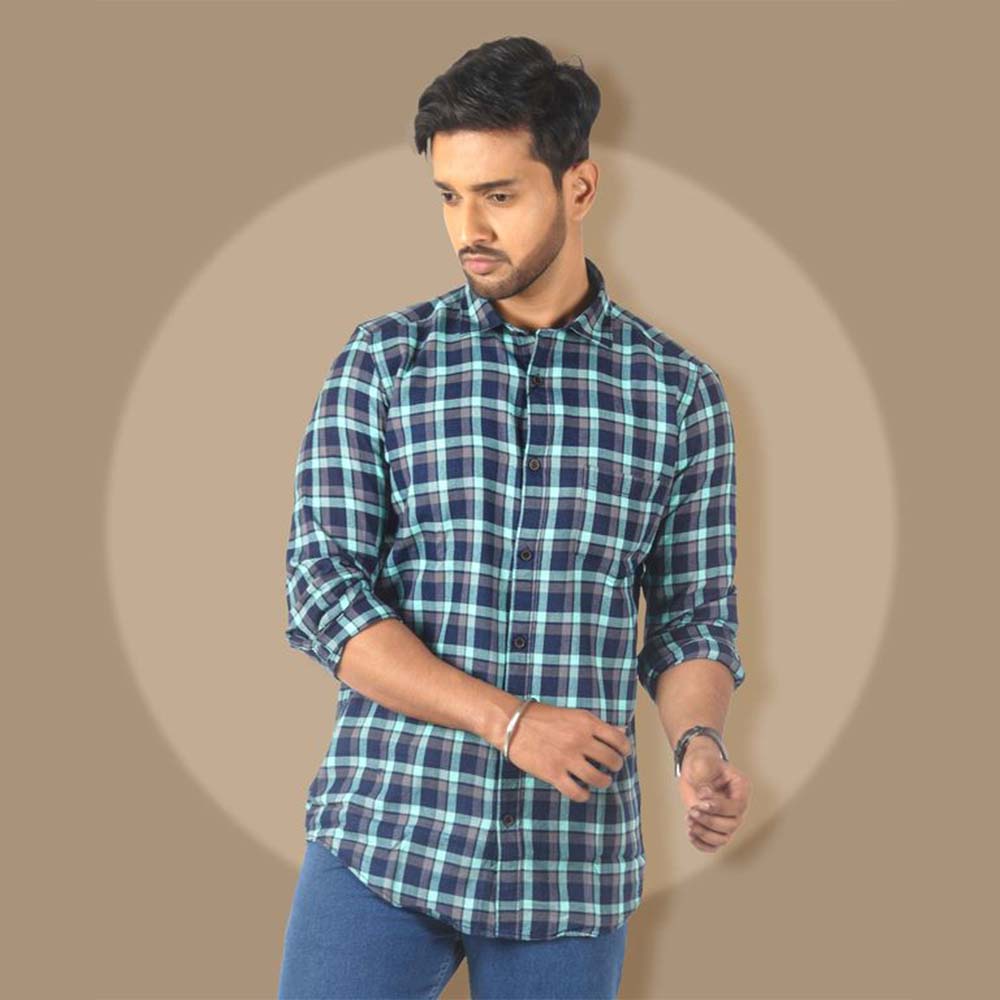 Men's Cotton Checkered Button Down Slim Fit Casual Shirt (green)