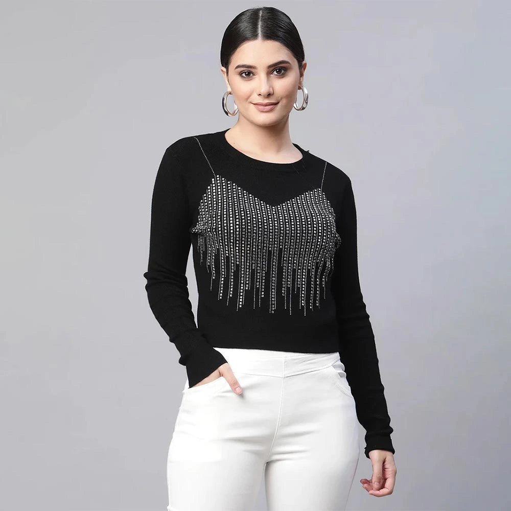 Women Mustard Round Neck Striped Regular Fit Pullover (black)