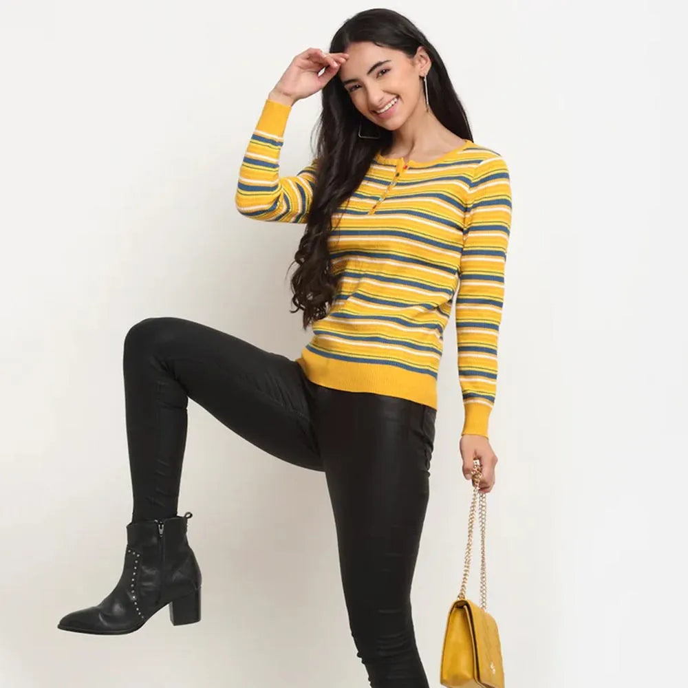 Women Mustard Round Neck Striped Regular Fit Pullover