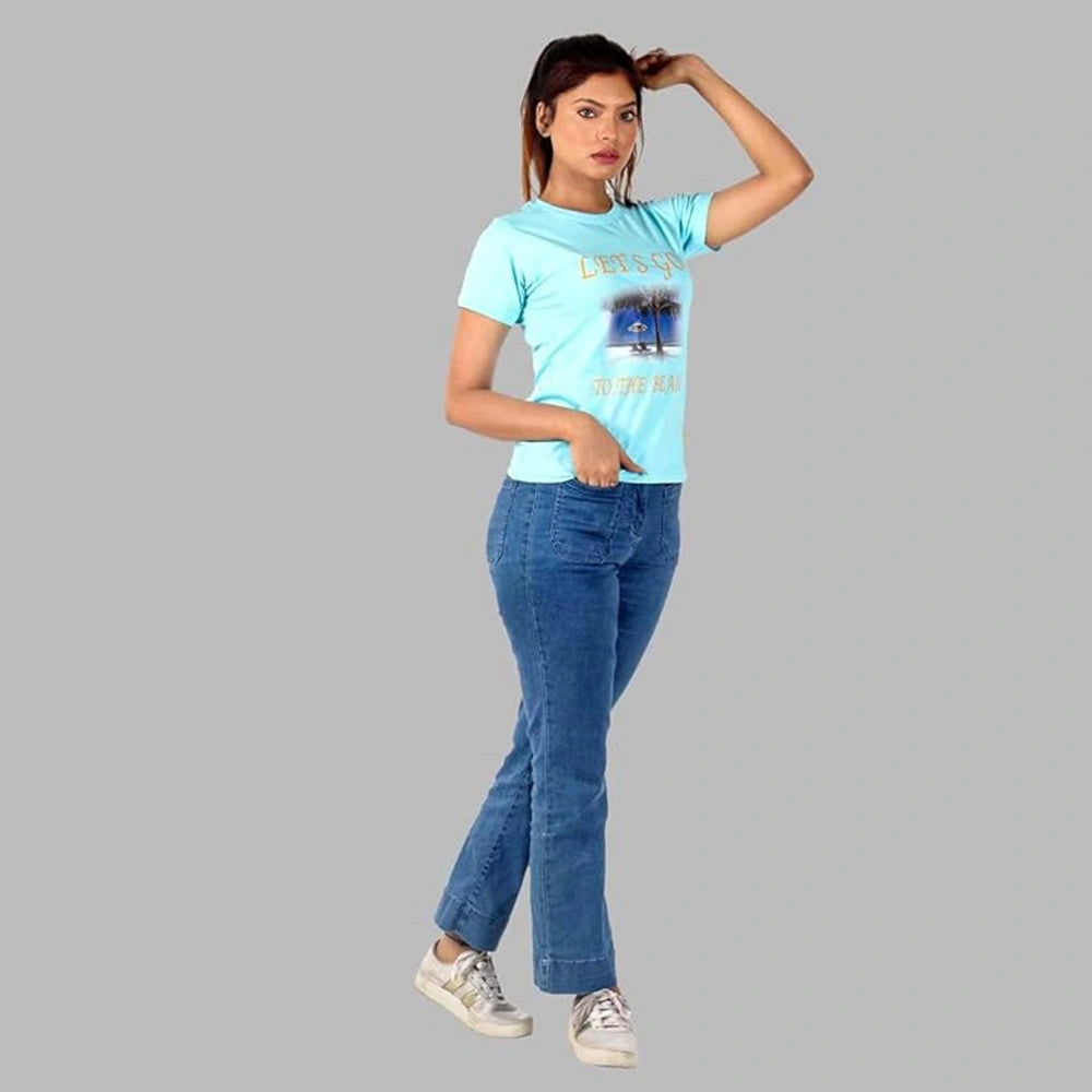 Women's Short Sleeve Casual Tee T-shirt Summer Casual Crewneck Half Sleeve Tees Cute Print Tunic Tops_Sky Blue