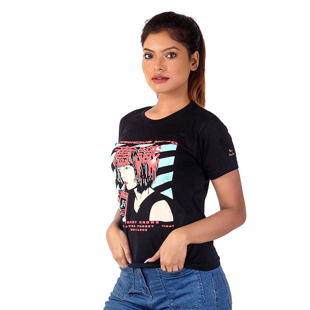 Women's Short Sleeve Casual Tee T-shirt Summer Casual Crewneck Half Sleeve Tees Cute Print Tunic Tops_Black