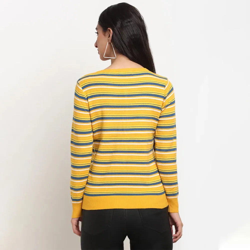 Women Mustard Round Neck Striped Regular Fit Pullover