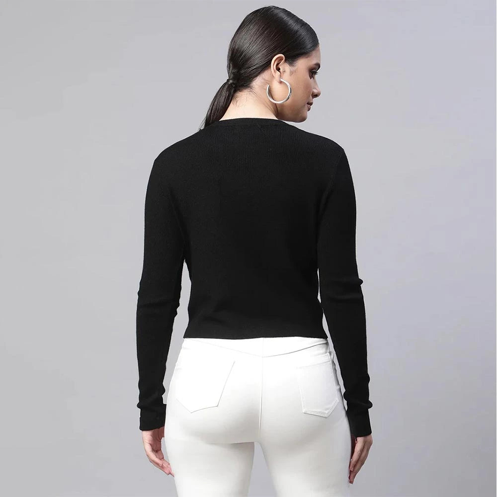 Women Mustard Round Neck Striped Regular Fit Pullover (black)