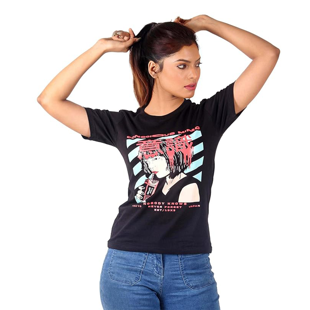 Women's Short Sleeve Casual Tee T-shirt Summer Casual Crewneck Half Sleeve Tees Cute Print Tunic Tops_Black
