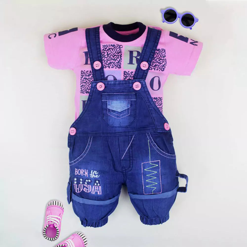 Kids Half Sleeve Denim Dungaree Dress Set with T-shirt for Baby Boys & Baby Girls