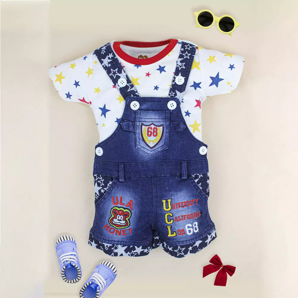 Kids Half Sleeve Denim Dungaree Dress Set with T-shirt for Baby Boys & Baby Girls 100% Cotton