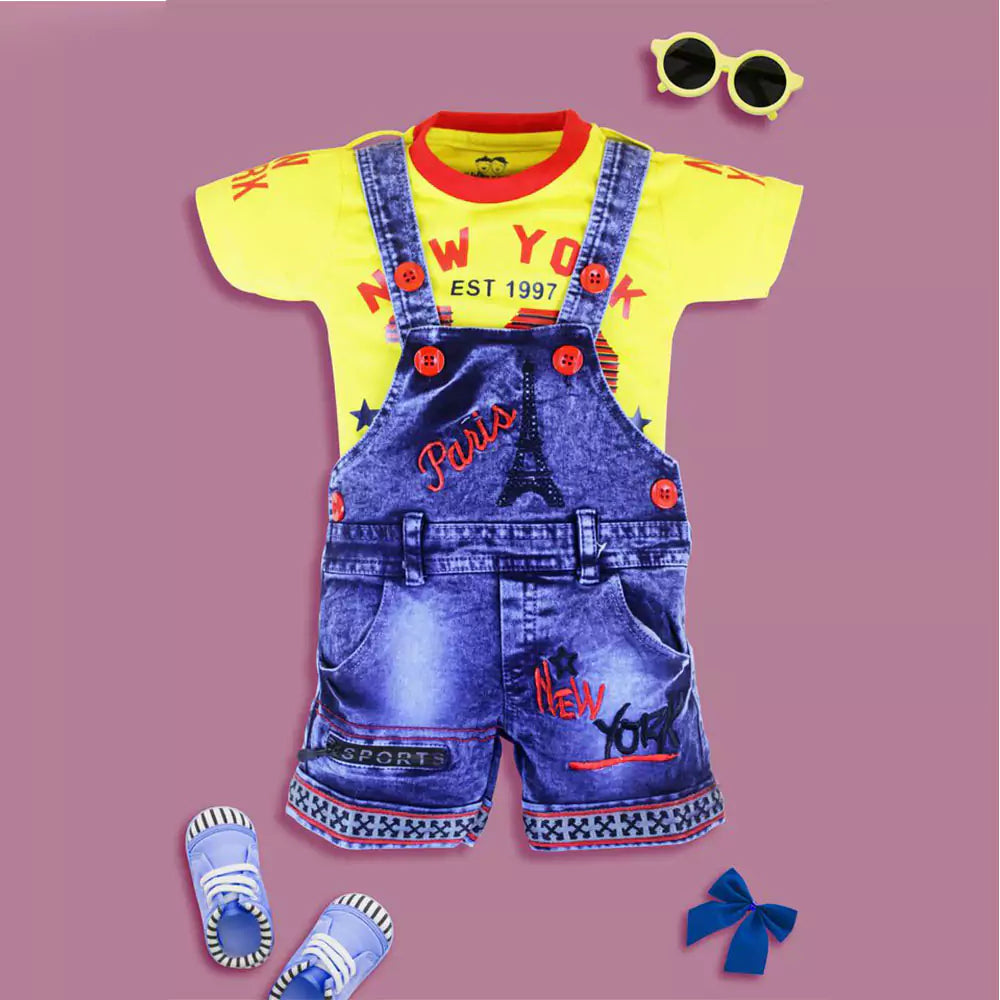 Kids Half Sleeve Denim Dungaree Dress Set with T-shirt for Baby Boys & Baby Girls