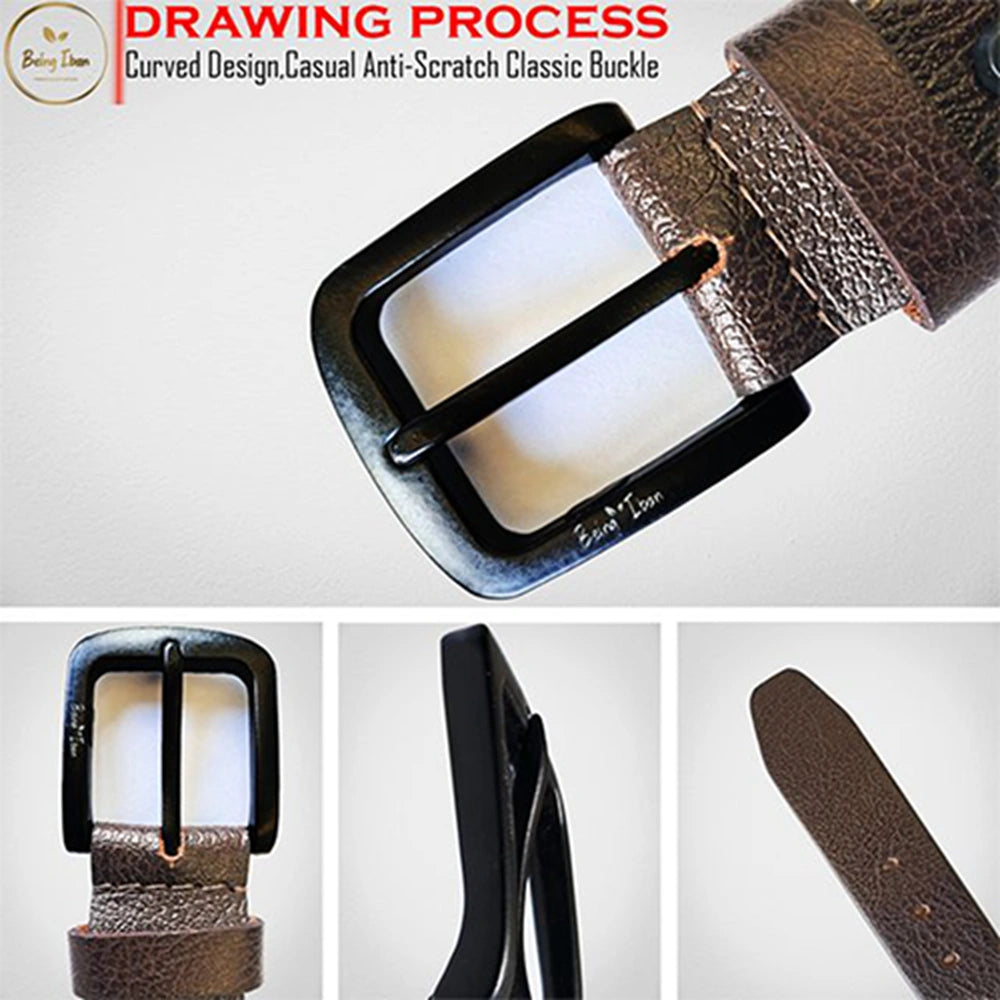 Genuine Men's Leather Belt Full Grain Leather Casual Jeans Leather Belts for Men Hand Made Mens Casual Belts With Heavy Duty Metal Buckle_Brown_Brown