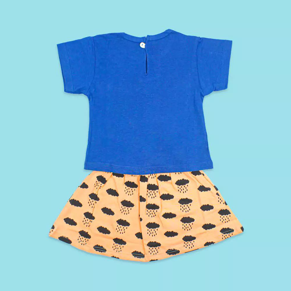 Girl Short Sleeve Tee Top And Skirt Set (Blue)