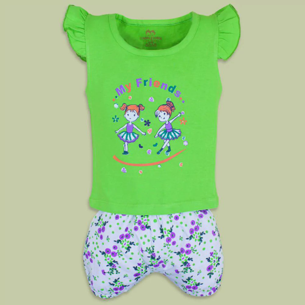 Baby Outfits Infant Sleeveless Cartoon Printed Top & Pant Set For Baby Girls Green Cartoon Printed Top With Short 2Pcs Summer Cotton Clothes Set Toddler Clothes